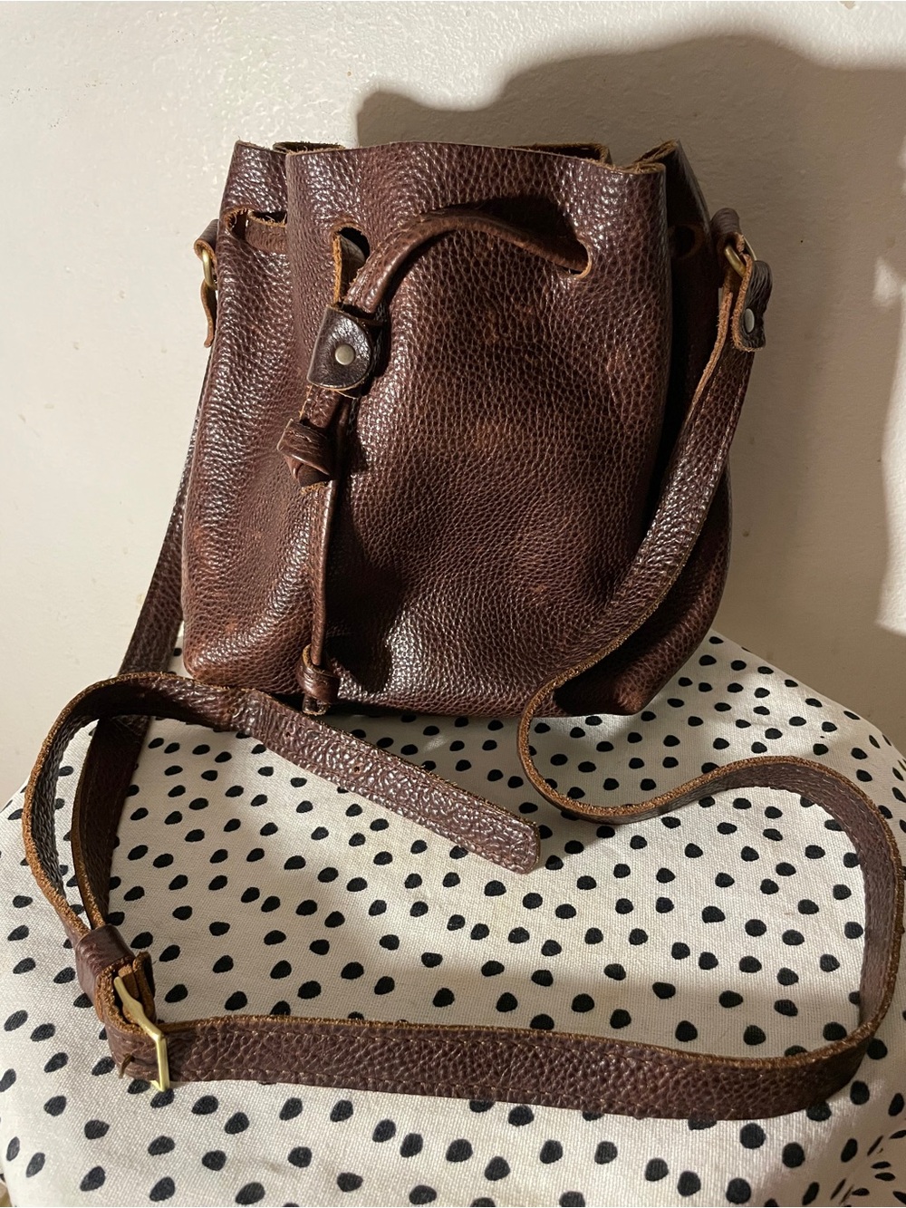 Portland Leather Dark Brown Pebbled Drawstring Shoulder Bag